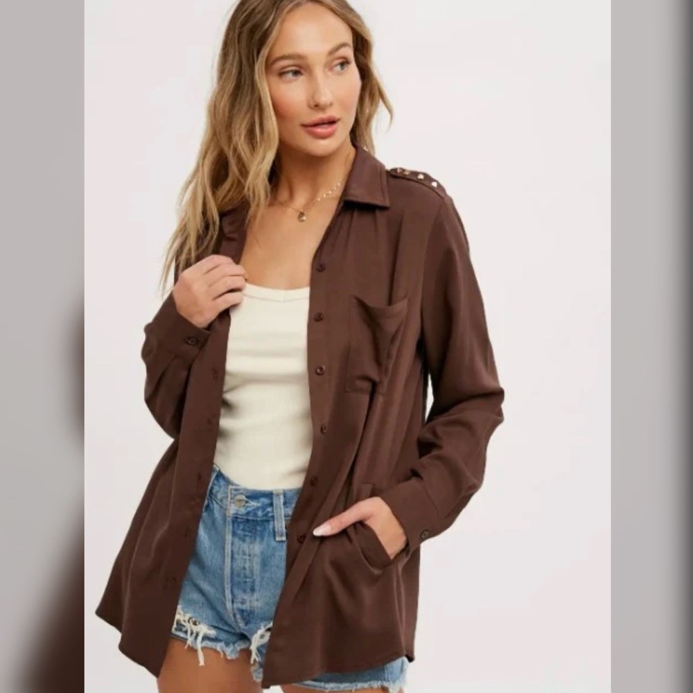Studded Epaulette Button Down Top